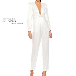 Mac Duggal Front Twist Puff Sleeve Deep V Jumpsuit Ivory White Size 0